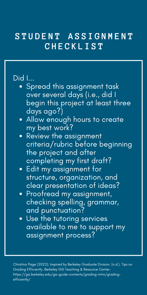 Student Assignment Checklist: Did I... • Spread this assignment task over several days (i.e., did I begin this project at least three days ago?) • Allow enough hours to create my best work? • Review the assignment criteria/rubric before beginning the project and after completing my first draft? • Edit my assignment for structure, organization, and clear presentation of ideas? • Proofread my assignment, checking spelling, grammar, and punctuation? • Use the tutoring services available to me to support my assignment process? Christina Page (2022); Inspired by Berkeley Graduate Division. (n.d.). Tips on Grading Efficiently. Berkeley GSI Teaching & Resource Center. https://gsi.berkeley.edu/gsi-guide-contents/grading-intro/grading-efficiently/
