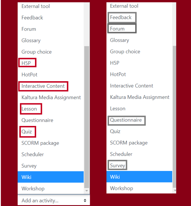 Autograding in Moodle Image of the Moodle activity selection tool that highlights assignment types that can use automatic grading functions. Highlighted assignment types are: H5P, Interactive Content, Lesson, Quiz, Feedback, Forum, Questionnaire, and Survey.