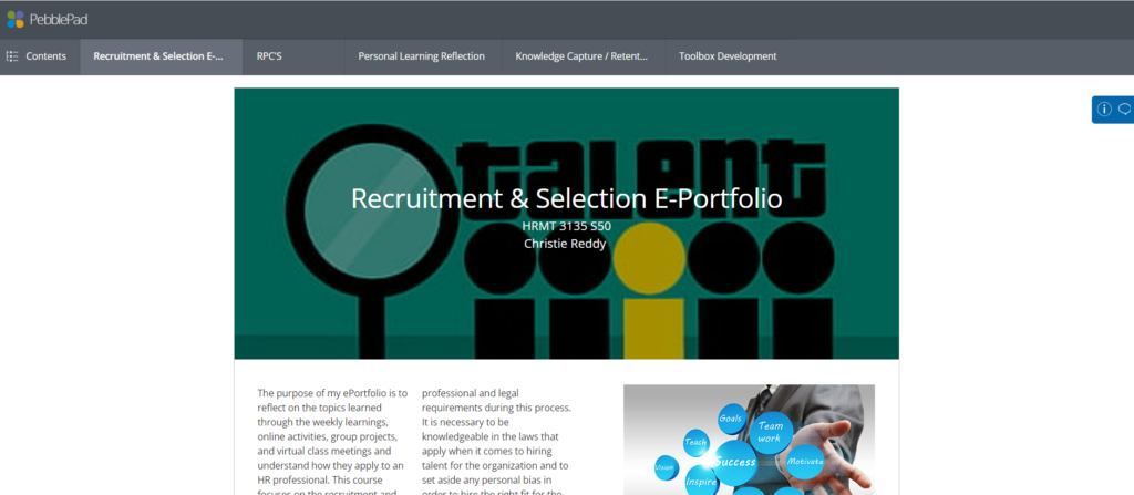 screen shot to Christina Reddy's eportfolio for HRMT