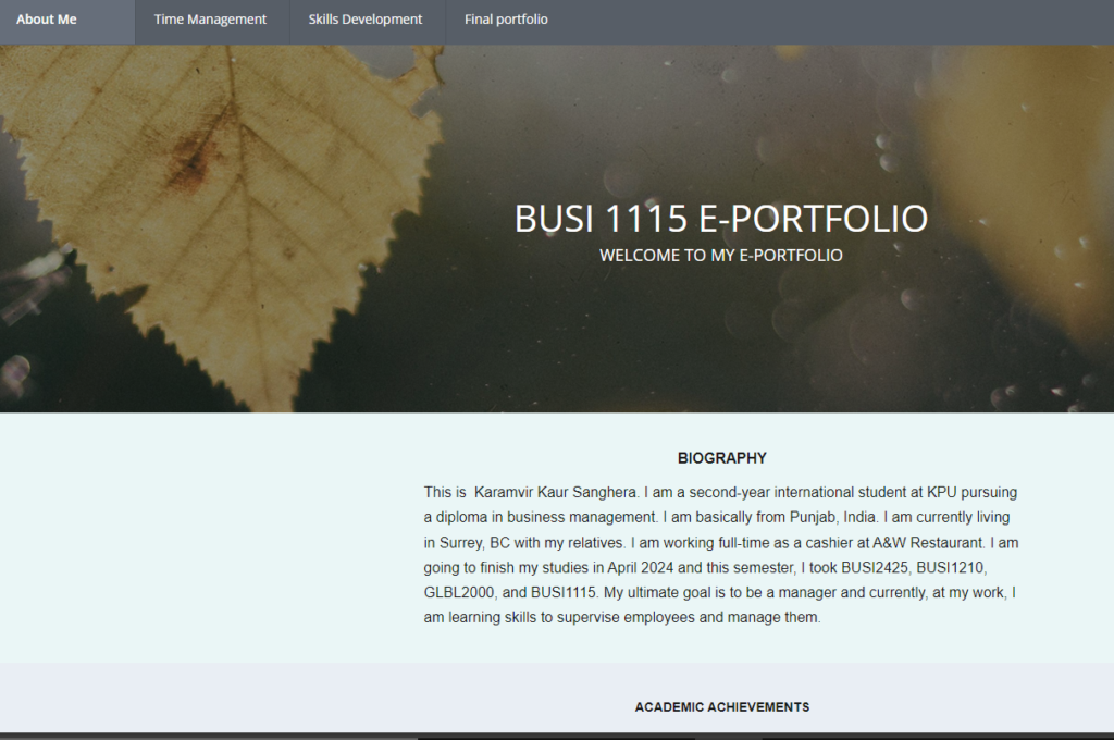 screenshot of Karamvir Kaur Sanghera's eportfolio for BUSI 1115