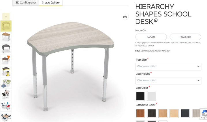 Image of single student desk, with adjustable height legs, wooden desk top that is curved, comes in multiple wood shades