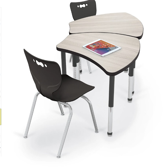Image of 2 single student desks, with adjustable height legs, curved wooden desk tops, merging together like puzzle pieces