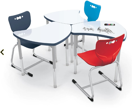 Image of 3 single student desks, with adjustable height legs, curved wooden desk tops, merging together like puzzle pieces