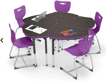 Image of 5 single student desks, with adjustable height legs, curved wooden desk tops, merging together like puzzle pieces