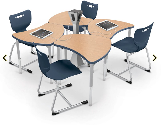 Image of 4 single student desks, with adjustable height legs, curved wooden desk tops, merging together like puzzle pieces