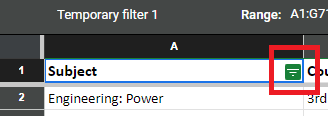 Screenshot of column header with the filter button outlined in red.